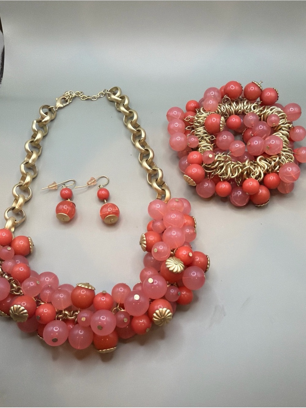 Vintage Peach Cluster Bead Gold  Tone NECKLACE 20" Bracelet and Earrings Set